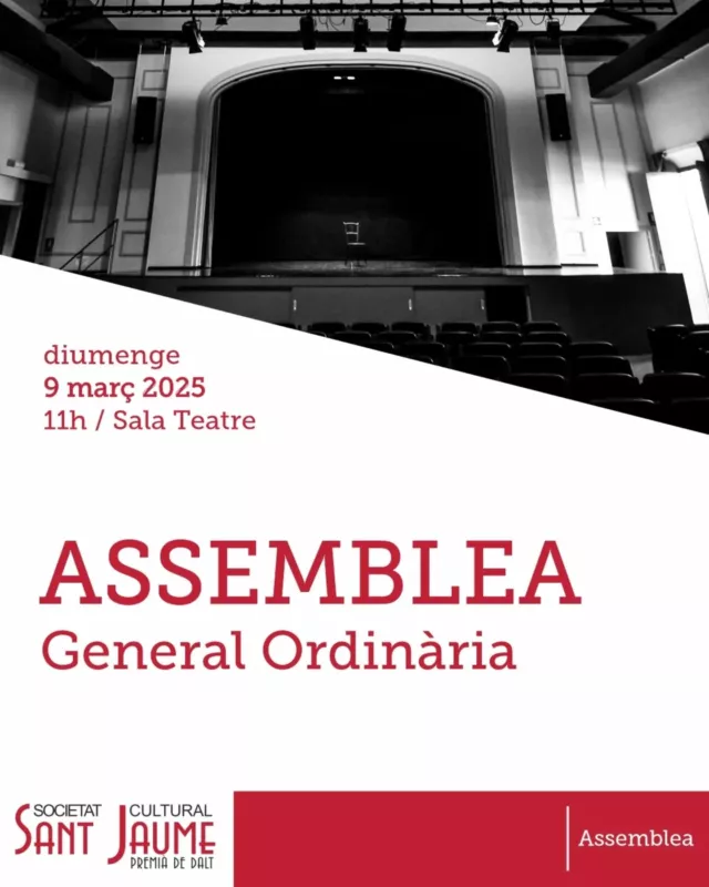 Aquest diumenge, 9 de març de 2025, celebrarem la nostra ASSEMBLEA GENERAL ORDINÀRIA.

La primera convocatòria serà a les 11h i la segona, i inici de l'assemblea, serà a les 11:30h.

Us esperem diumenge, a la Sala del Teatre!

#Ateneus #Cultura #FemSantJaume 

@federacioateneus 
@premiadedaltmedia 
@ajpremiadedalt 
@culturadiba 
@cultura_cat