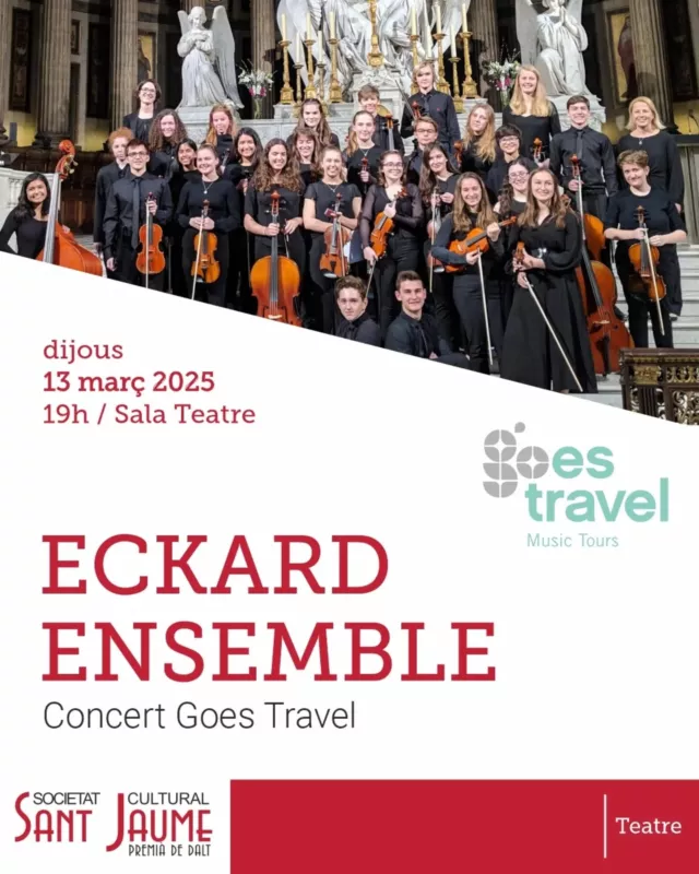 Aquest dijous la música omplirà el teatre de Sant Jaume!

Com cada any, @goestravel organitza un concert amb la nostra col·laboració.

Enguany podreu gaudir de l'ECKARD ENSEMBLE.

DIJOUS, 13 MARÇ
19h, Sala Teatre

ECKARD ENSEMBLE

Entrada donatiu: 4€

Us hi esperem!

#Cultura #Ateneus #FemSantJaume

@federacioateneus 
@premiadedaltmedia 
@ajpremiadedalt 
@culturadiba 
@cultura_cat