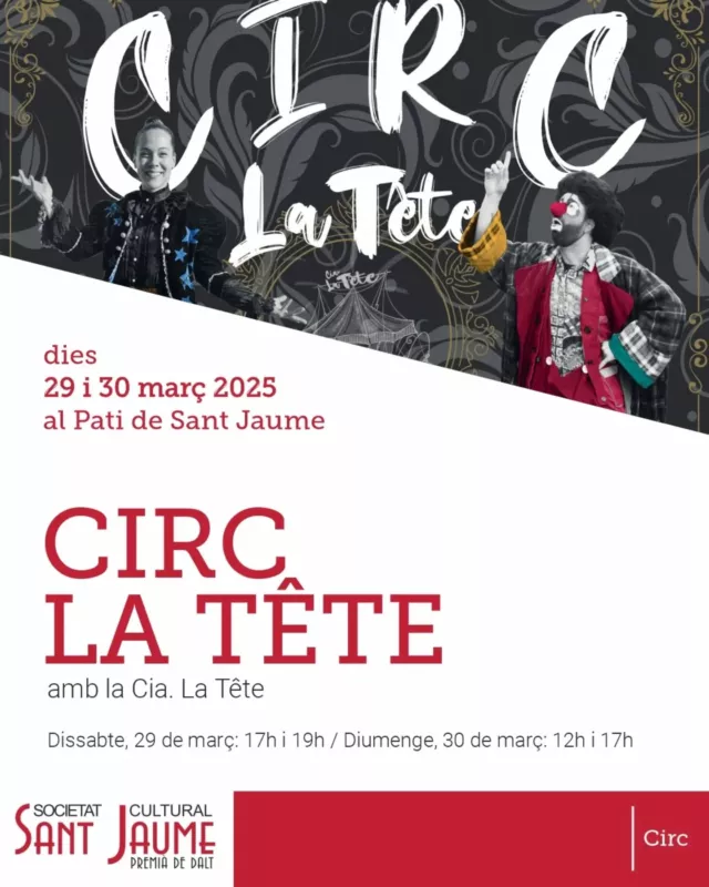 UN CAP DE SETMANA DE CIRC!

Dissabte i diumenge, arriba la @cialatete a Sant Jaume!

Aquesta és la història d’un circ, tan petit, que cap dins d’una maleta, i del pallasso que ha rebut aquest regal inesperat de la vida.

Dos pallassos busquen un circ on poder Treballar.

Treballar? Que és treballar? Jo Vull ser Pallasso!

Vell Circ Madonna és un "divertimento". On es mesclen diferents disciplines de circ a una petita carpa acollidora i màgica. Pallassos, equilibris, malabars, acrobàcies i màgia us faran viure un moment efímer i proper.

Veniu a veure com una història tan gran hi cap a un circ tan petit!

Dissabte, 29 de març: 17h i 19h
Diumenge, 30 de març: 12h i 17h

Entrades a www.entrapolis.com

#Ateneus #Cultura #FemSantJaume

@federacioateneus
@premiadedaltmedia
@ajpremiadedalt
@culturadiba
@cultura_cat