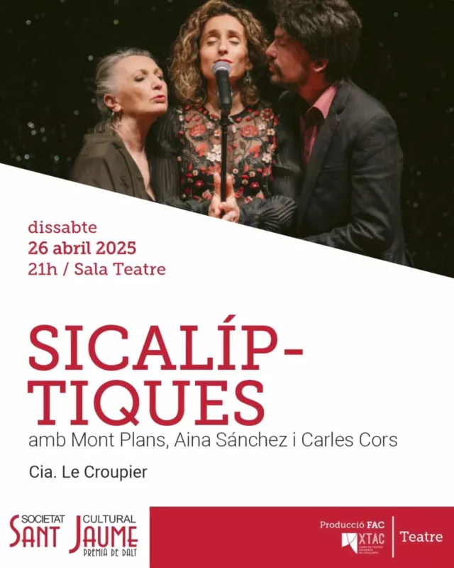Per celebrar Sant Jordi, el proper dissabte 26 d’abril, a les 21h, et proposem que vinguis a Sant Jaume per gaudir d’un espectacle musical de la Cia. Le Croupier.

SICALÍPTIQUES és un espectacle inspirat en el Paral·lel de principis de segle XX. A través del cuplet es recull el prodigiós llegat d’aquesta època i geografia, porta d’entrada de la modernitat a Catalunya i moment de grans transformacions urbanístiques, polítiques i socials. Segons l’autor, “aquest gènere musical, difícilment classificable i de doble sentit, esdevé un autèntic manifest ideològic de la primera aparició d’una cultura de masses local. Les cupletistes es converteixen en les abanderades d’una dona nova, artista i empresària de si mateixa, i perfectament conscient que per construir una avantguarda cal explotar la provocació i l’art de l’escàndol”

Actors: Mont Plans, Aina Sánchez iCarles Cors
Direcció escènica: Xavier Albertí
Dramatúrgia: Josep Maria Miró

90 mn / Català / Tots els públics

Entrades numerades:
Soci/a:12€ / General: 16€

Descomptes:
Soci/amenor 30 anys: 10€
Menors30 anys: 12€

Entrades numerades a Entrapolis.com i a taquilla

#Cultura #Ateneus #FemSantJaume

@lecroupiercat 
@premiadedaltmedia 
@ajpremiadedalt 
@federacioateneus 
@culturadiba 
@cultura_cat