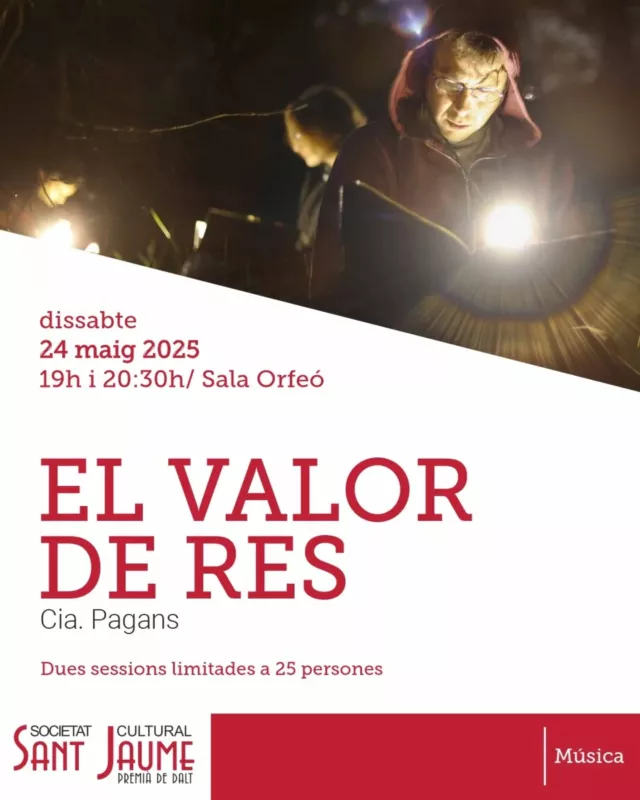 No us perdeu aquesta experiència individual i alhora col•lectiva!

Més que un muntatge o un espectacle habitual, El valor de res promet ser tota una experiència escènica pluridisciplinària, ja que, amb el fet de llegir un llibre com a tema central, aquí s’integren les arts escèniques, la literatura, la tecnologia i la natura.

Com pot ser?

Ho sabràs si vens i participes en un aquelarre tranquil; una trobada ritual on llegiràs un llibre sorprenent i seràs conduït a una reflexió sobre els vincles entre la paraula escrita, els rituals de bruixes, la memòria i la intel•ligència vegetal.

EL VALOR DE RES, de la @ciapagans
Dissabte, 24 de maig de 2025

1ª sessió: 19h, a la Sala de l’Orfeó
2a sessió: 20:30h, a la Sala de l'Orfeó

100 mn / Català / Majors de 12 anys

ENTRADES LIMITADES A 25 PERSONES!!!

Entrades:
Soci/a: 12€ / General: 16€

Descomptes:
Soci/a menor 30 anys: 10€
Menors 30 anys: 12€

#Cultura #Ateneus #FemSantJaume

@federacioateneus 
@ajpremiadedalt 
@premiadedaltmedia 
@culturadiba 
@cultura_cat